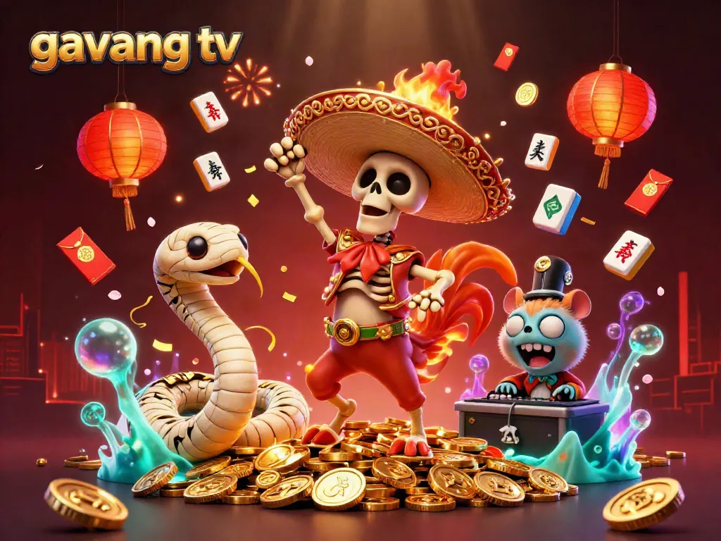 Experience the excitement of gavang tv with our vibrant 3D casino scene featuring a mariachi rooster, mummy snake, and DJ hamster.