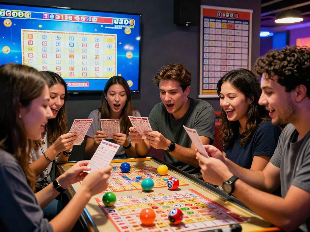 Toto 4D lottery players checking tickets in a vibrant game room