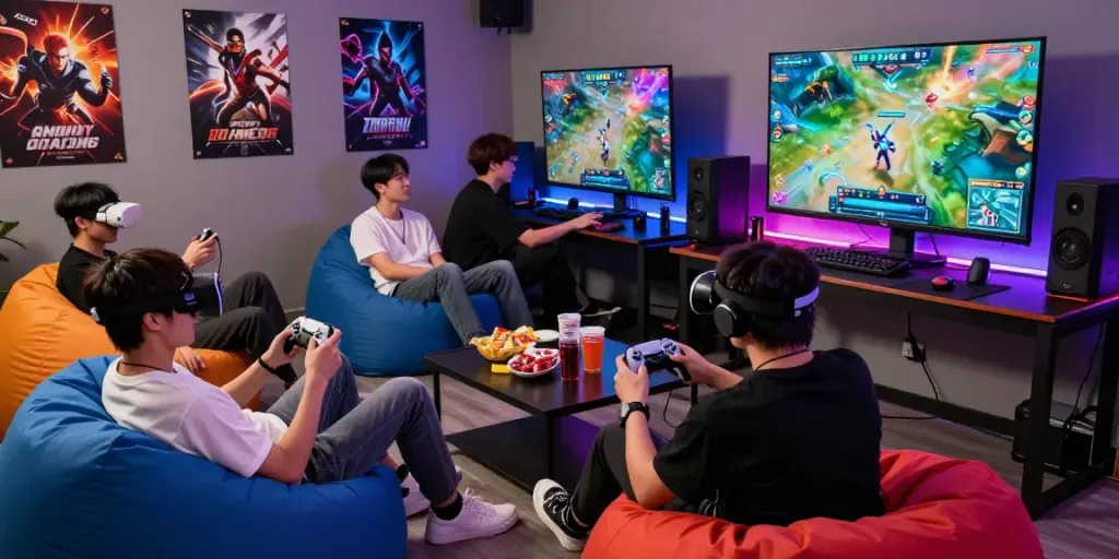 Dynamic gaming scene showcasing players engaged in QQMacan, featuring modern gear and lively atmosphere.