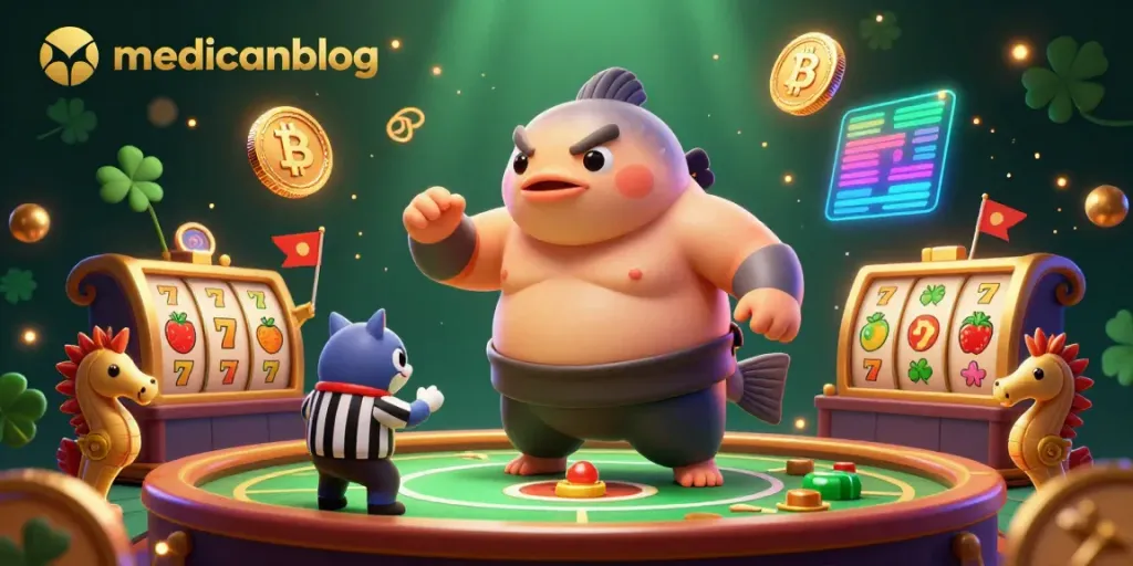 Gambarkan cara menarik bermain di casino online medicanblog menggunakan tokoh unik dan simbol keberuntungan.
