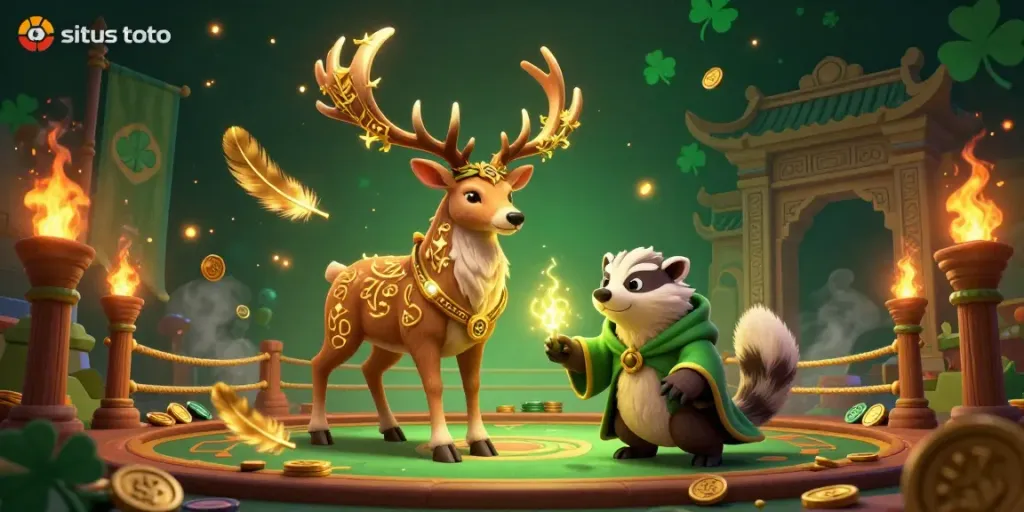Engage with the dynamic ambiance of situs toto, showcasing a Celtic druid stag and wise badger in a rich gambling scene.