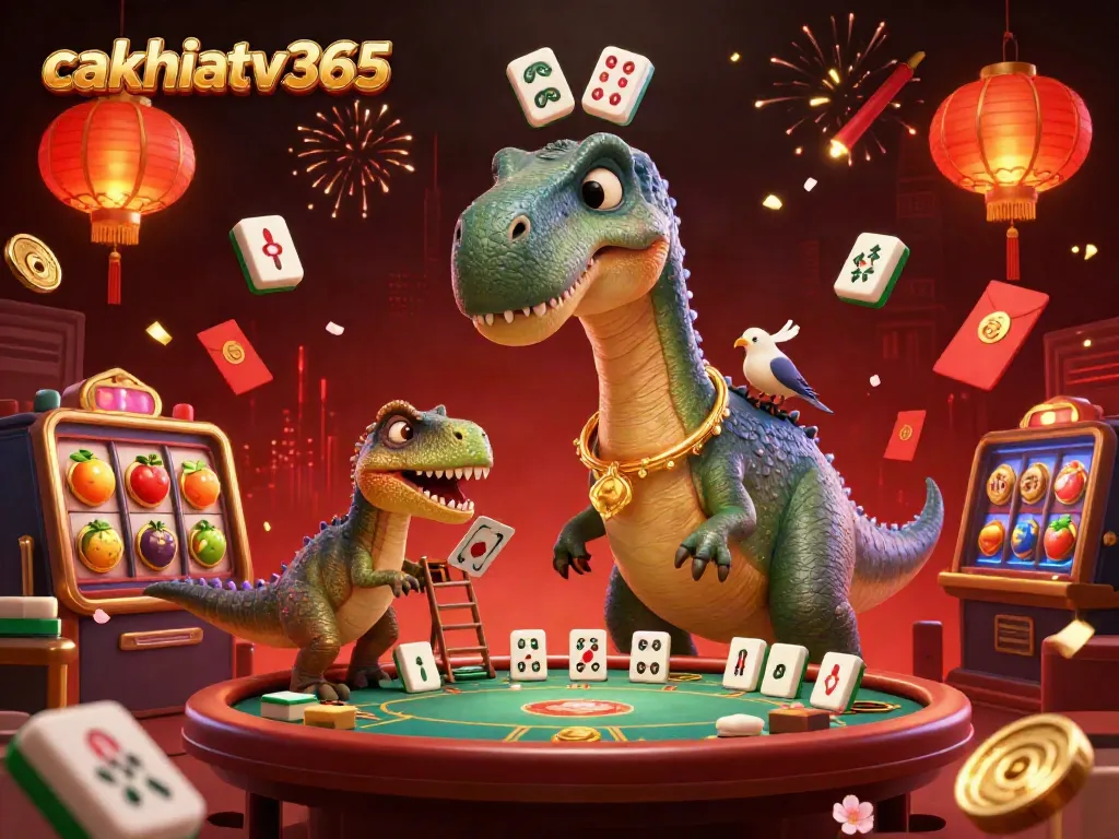 Experience high-stakes action on cakhiatv365 with a playful scene of a giant brontosaurus and clever raptor.
