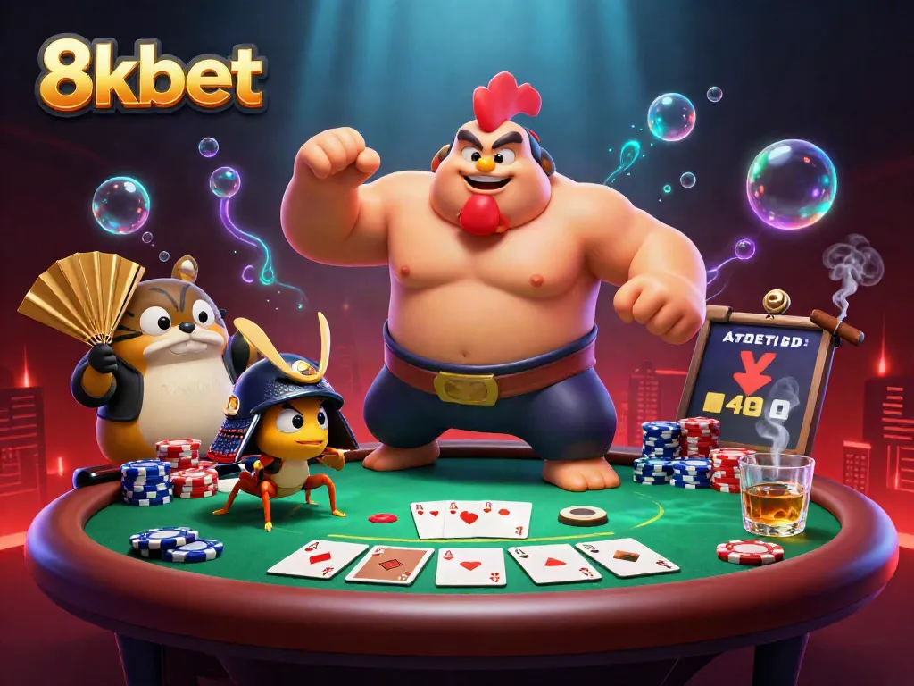 Experience the excitement of 8xbet with a sumo champion, samurai cricket, and tanuki announcer in a rich poker scene.