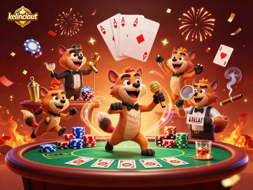 kelincilaut hyenas entertain in a vibrant casino scene, showcasing poker excitement and fun