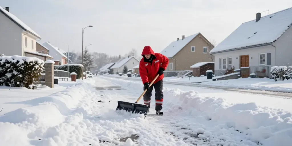 Professionelles Schneeräumen Bochum während des Winterdienstes, ein Arbeiter entfernt Schnee von einer Einfahrt.