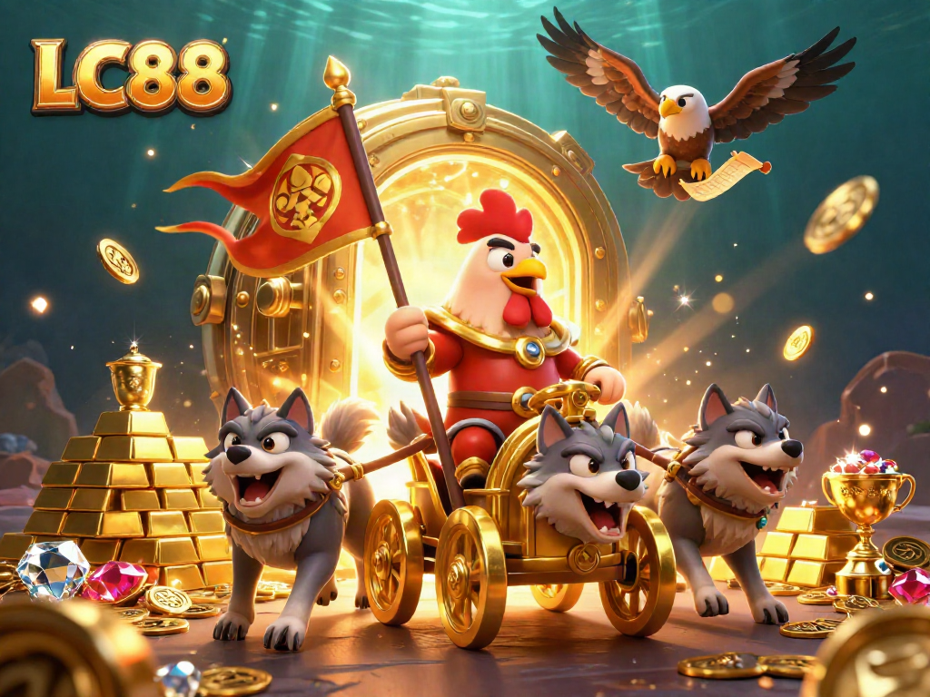 Experience thrilling LC88 gameplay with a dynamic scene featuring a rooster warlord and treasures.