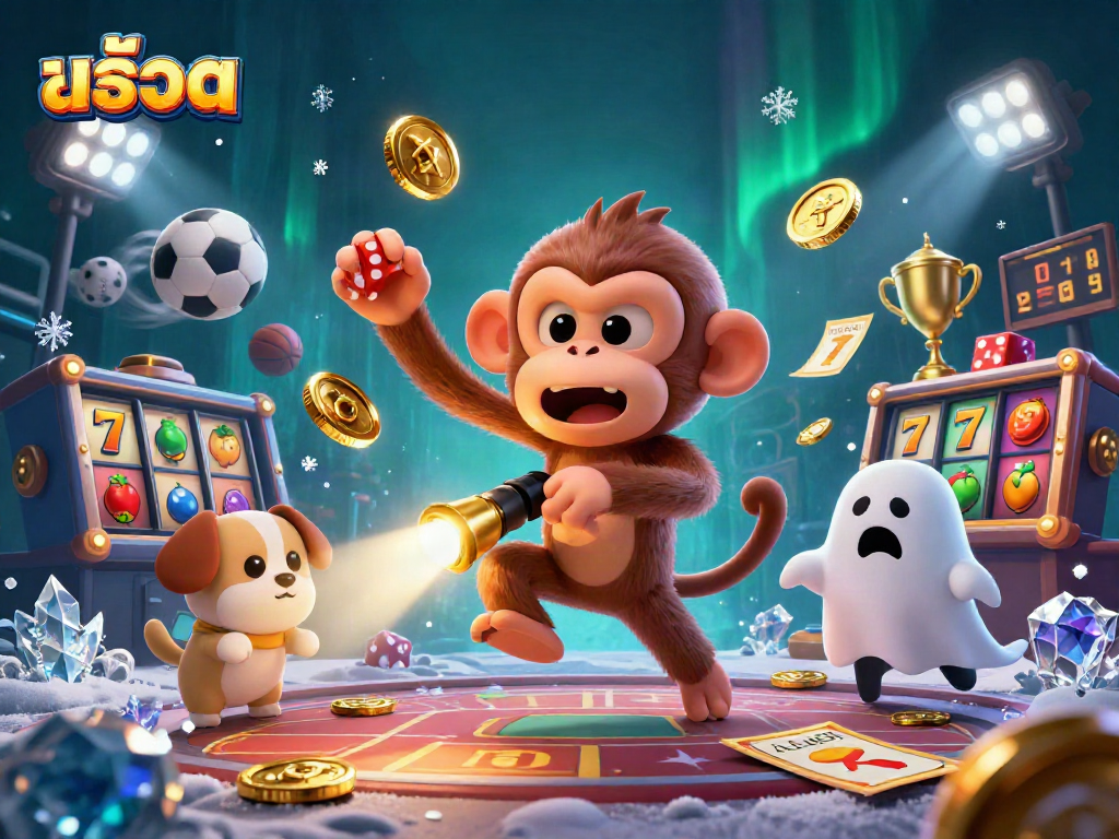 Engage with สล็อต in a lively haunted casino scene featuring a playful poltergeist monkey!