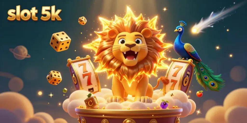 Experience the thrill of slot 5k with a vibrant 3D illustration showcasing cartoon characters and dynamic slot game elements.