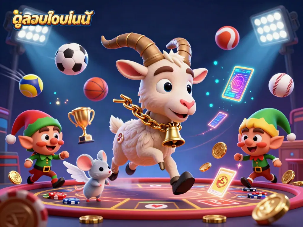 Experience ดูบอลออนไลน์ with an engaging 3D illustration depicting a lively casino scene featuring festive characters and sports elements.