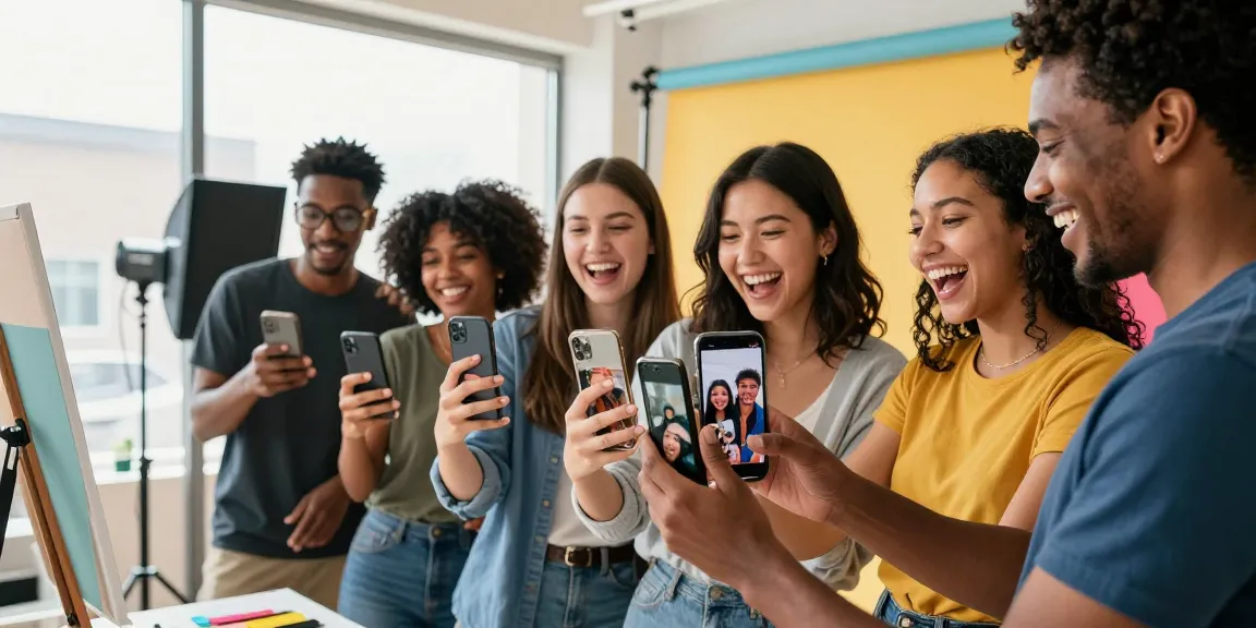 Friends exploring their age appearance in a vibrant photography studio, showcasing "how old do I look" in joyful moments.