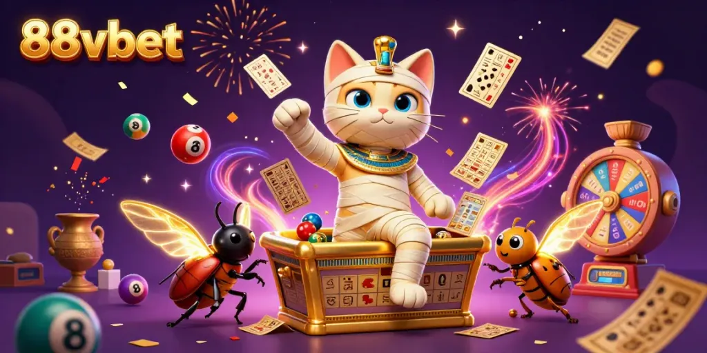 Experience the thrill of 88vbet with vibrant lottery elements and a captivating scene featuring an Egyptian mummy cat and scarab.