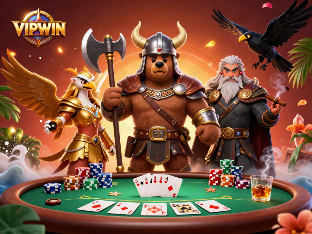 Action-packed poker scene with VIPWIN brand, featuring a Viking bear, Valkyrie eagle, and vibrant casino elements.