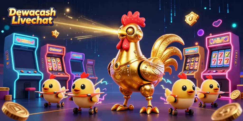 Engage with Dewacash Livechat using a fun, vibrant casino-themed illustration filled with gaming elements.
