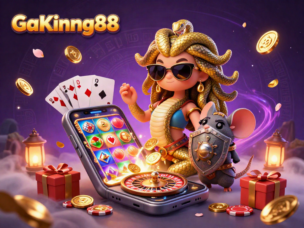 Experience GaKing88's lively gaming action with a cheerful Medusa and warrior mouse in a mystical casino setting.