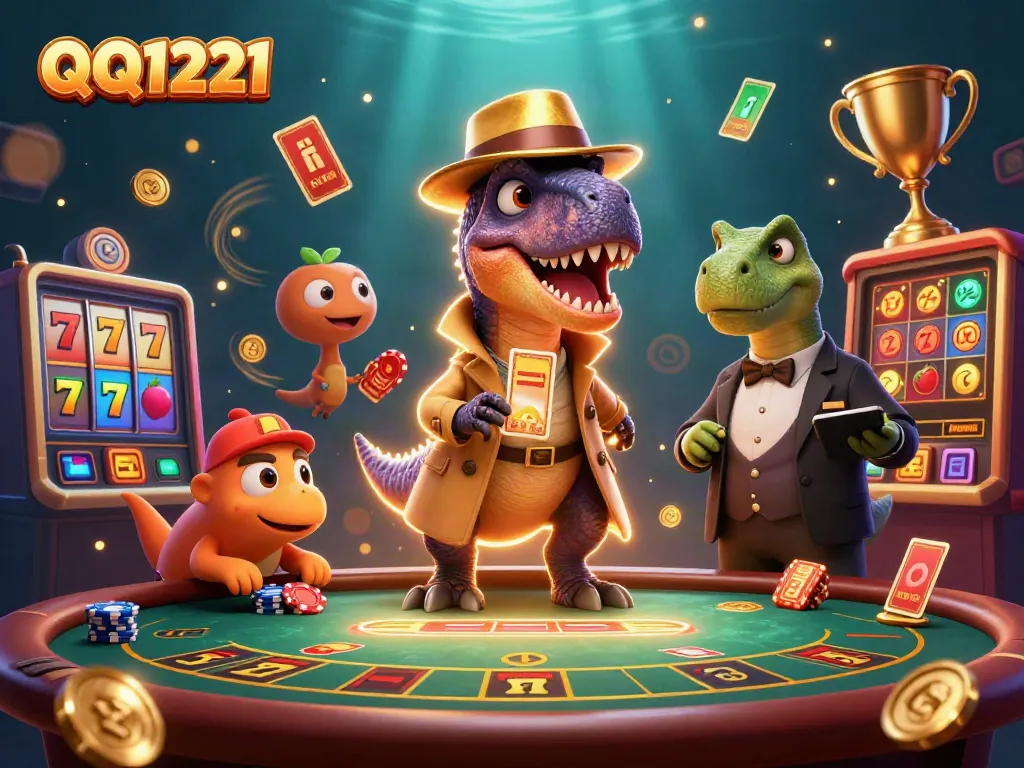 Experience thrilling QQ1221 gameplay with a cartoon velociraptor attempting to blend in at a blackjack table amidst casino chaos.