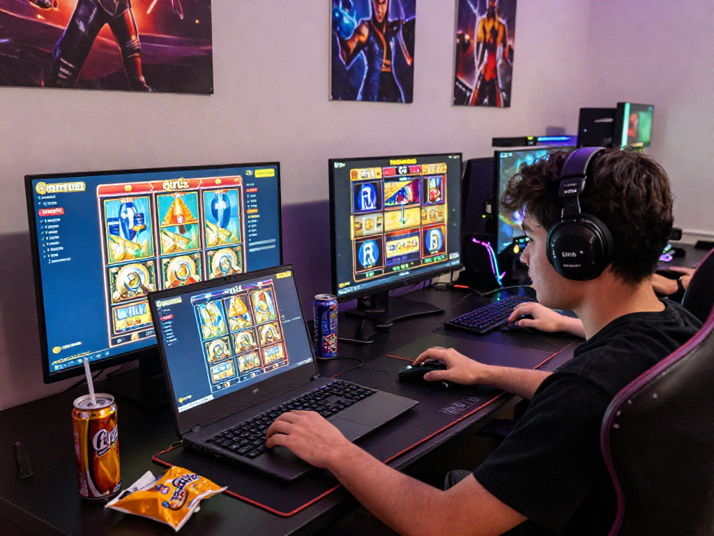 Engaged player enjoying slot qris games on a vibrant gaming setup.