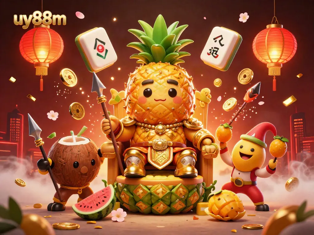 Engage with uy88m's vibrant casino theme, showcasing a golden pineapple king amidst festive gaming elements.