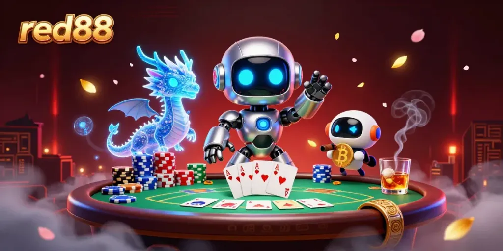 Bet big with red88 at a vibrant cyberpunk-themed poker scene showing characters and casino elements.