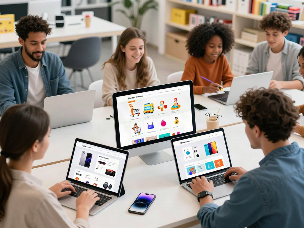 Engaging shopping experience on sanumstore with diverse customers exploring products online.