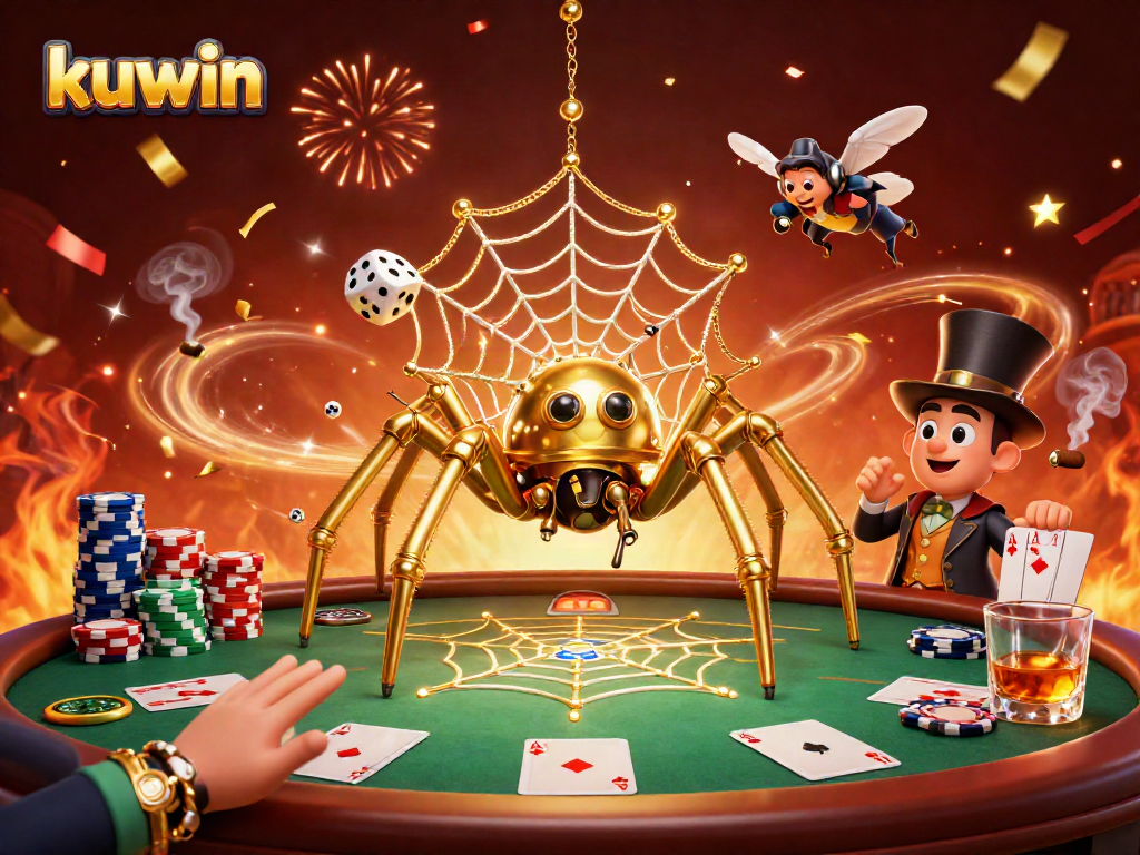 Kuwin brings luck in a vibrant steampunk casino scene with dazzling poker chips and golden spider.