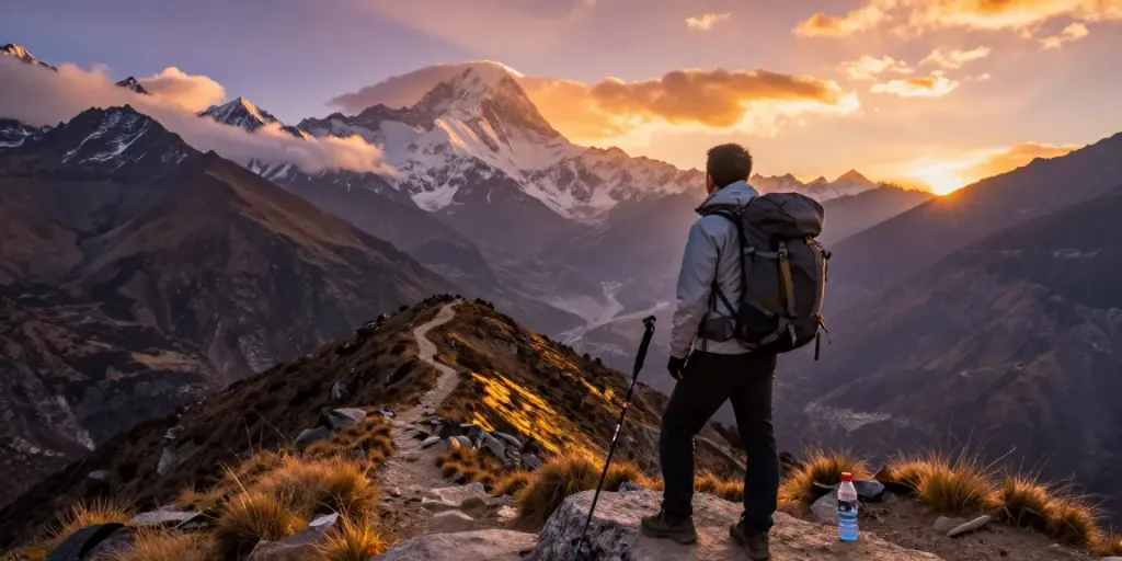 Manaslu Circuit Trek traveler enjoying sunset views over rugged mountains, inspiring adventure.
