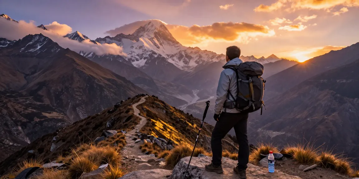Manaslu Circuit Trek traveler enjoying sunset views over rugged mountains, inspiring adventure.