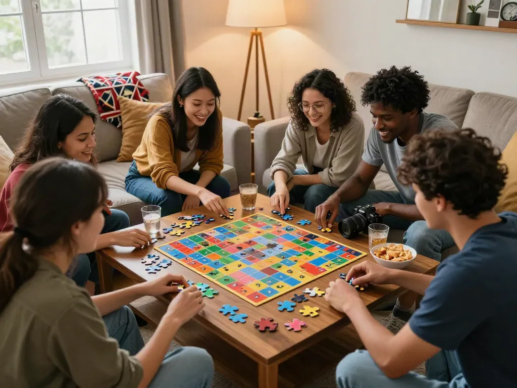 Puzzlegrid.net friends solving a vibrant puzzle grid game in a cozy living room atmosphere.