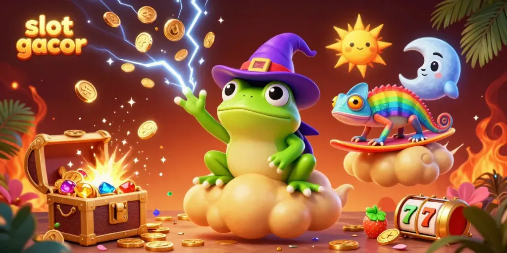Engage with slot gacor as a cartoon frog conjures golden coins amidst a colorful chameleon and spiritual elements.