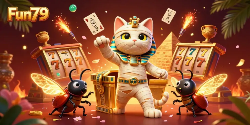 Experience vivid gaming action at Fun79 with an Egyptian mummy cat in an enchanting casino scene.