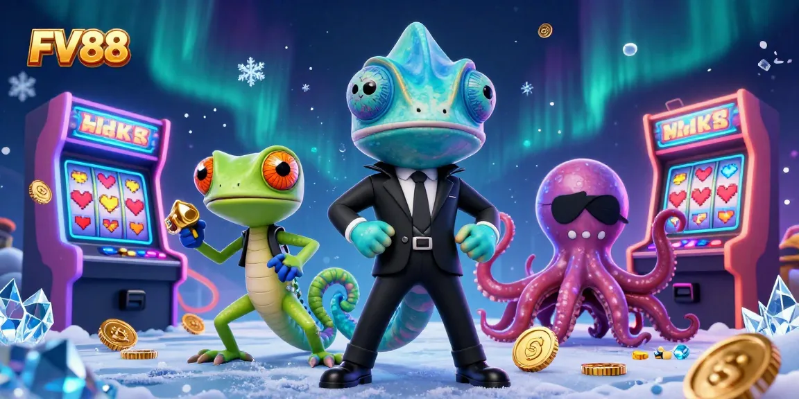Spin to win with FV88, a vibrant casino scene featuring a 3D chameleon, gecko, and octopus.