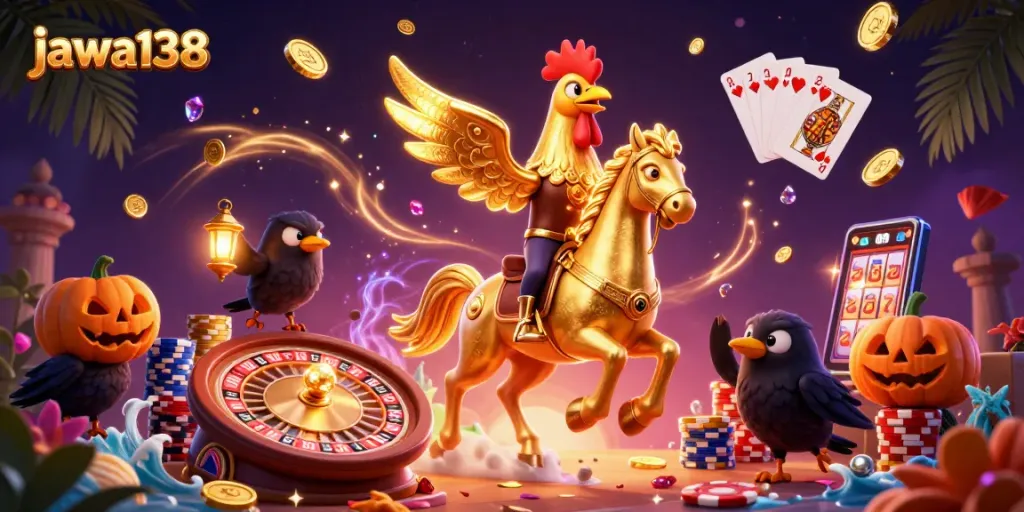 Experience excitement with jawa138's vibrant casino scene featuring golden rooster and spectral horse.