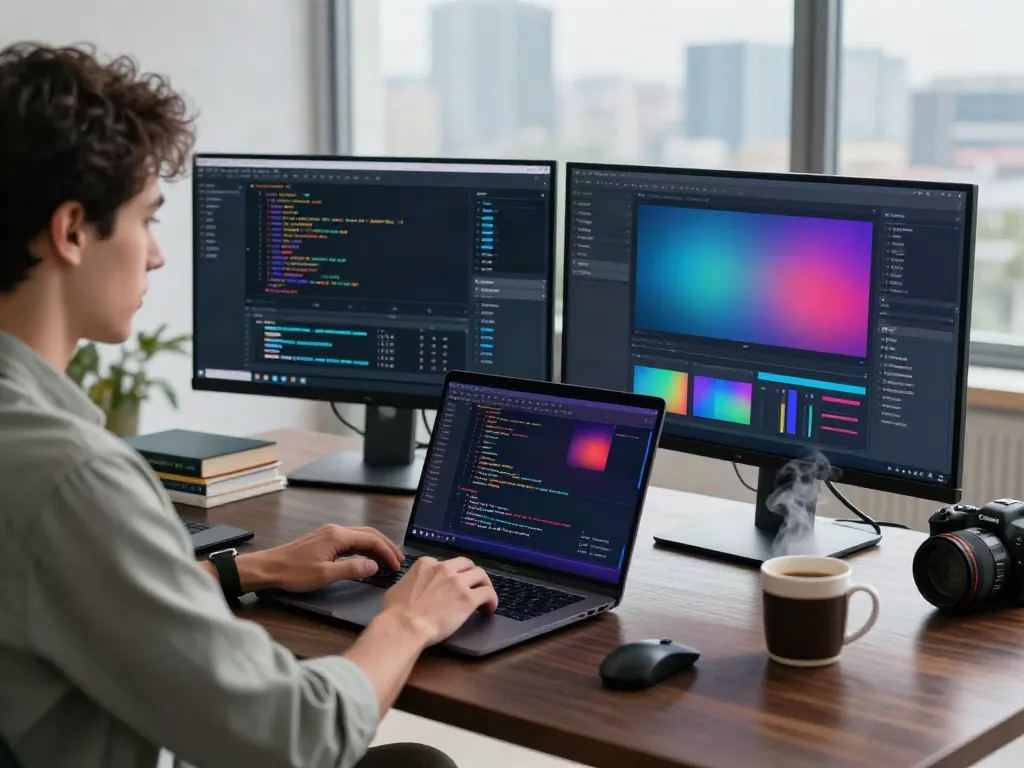 Developer coding with v2rayN tools in a modern workspace, showcasing productivity.