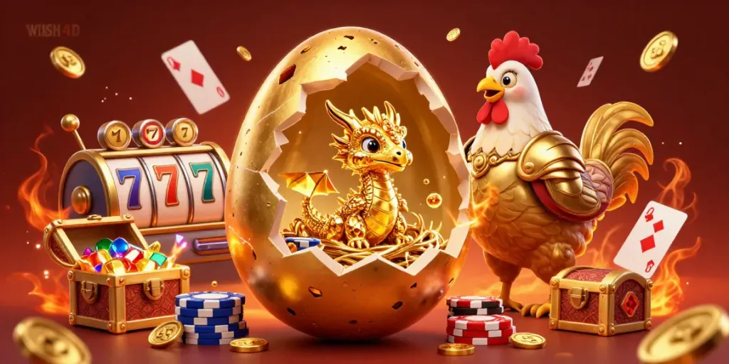 WISH4D reveals a golden dragon on poker chips amidst vibrant casino elements in a dynamic scene.