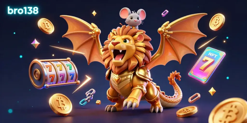 Experience dynamic gameplay with bro138 in this thrilling 3D illustration showing a chimera and crypto elements.