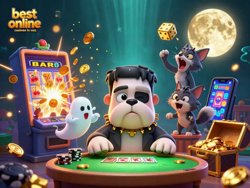 Experience thrills at the best online casinos in usa with a lively gaming scene featuring a Frankenstein bulldog!