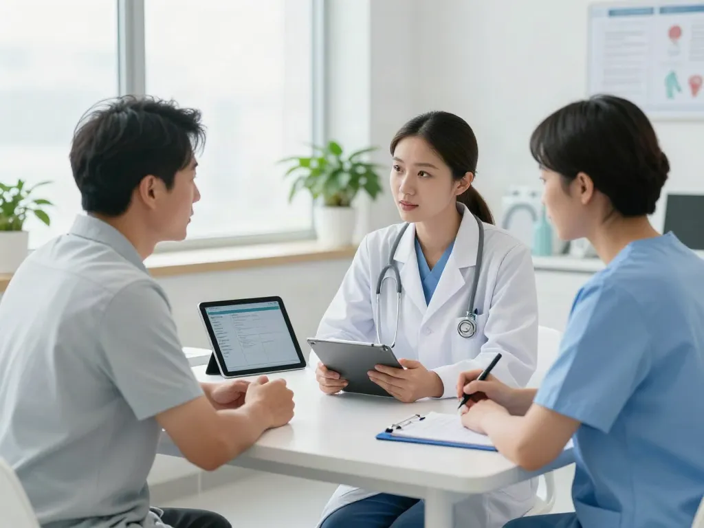 Prostate cancer care consultation in a modern clinic with a patient and urologist discussing treatment options.