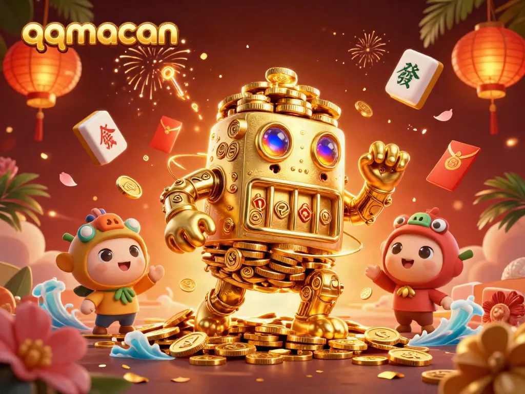 Spin and win with qqmacan's golden golem amidst vibrant casino elements and festive decorations.