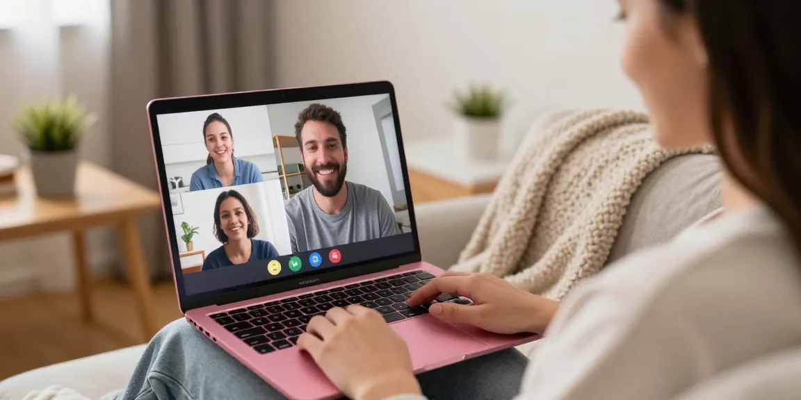 Experience pink video chat face-to-face with real people in a cozy setting.