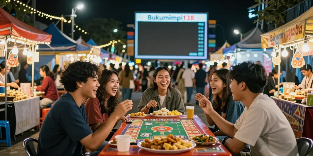 Suasana malam yang meriah dengan bukumimpi138, teman-teman bersenang-senang di festival.