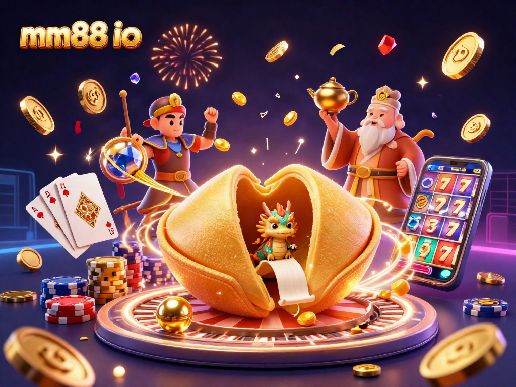 Win big with mm88 io featuring a giant fortune cookie, wise dragon, and festive casino elements.