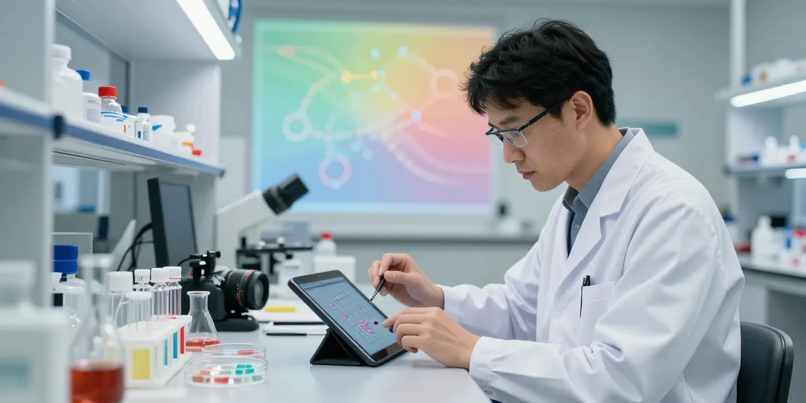 Researcher using a peptide price tool in a lab, analyzing samples and data.