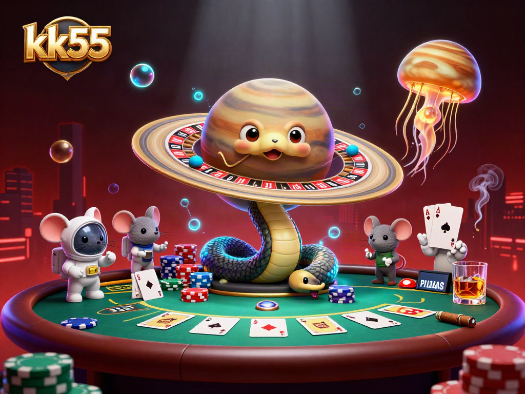 Experience the thrill of kk55 with a cosmic casino scene, featuring animated characters and vibrant gaming elements.