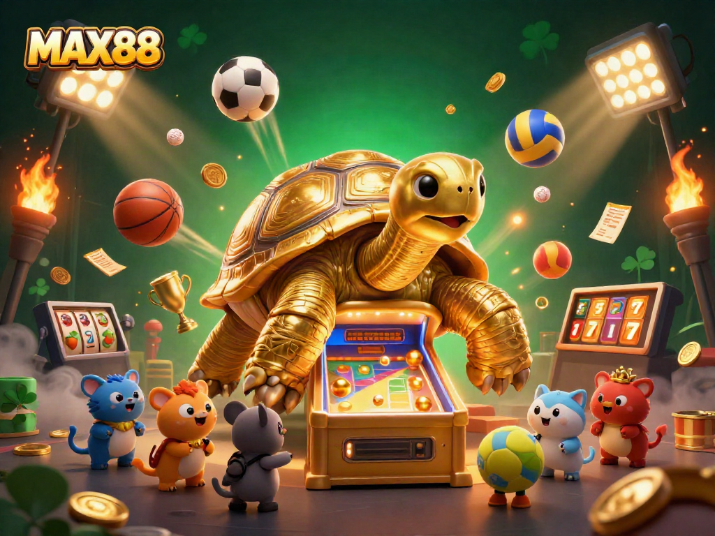 Engage in MAX88 gaming action with vibrant characters and dynamic sports elements, celebrating thrilling gambling.