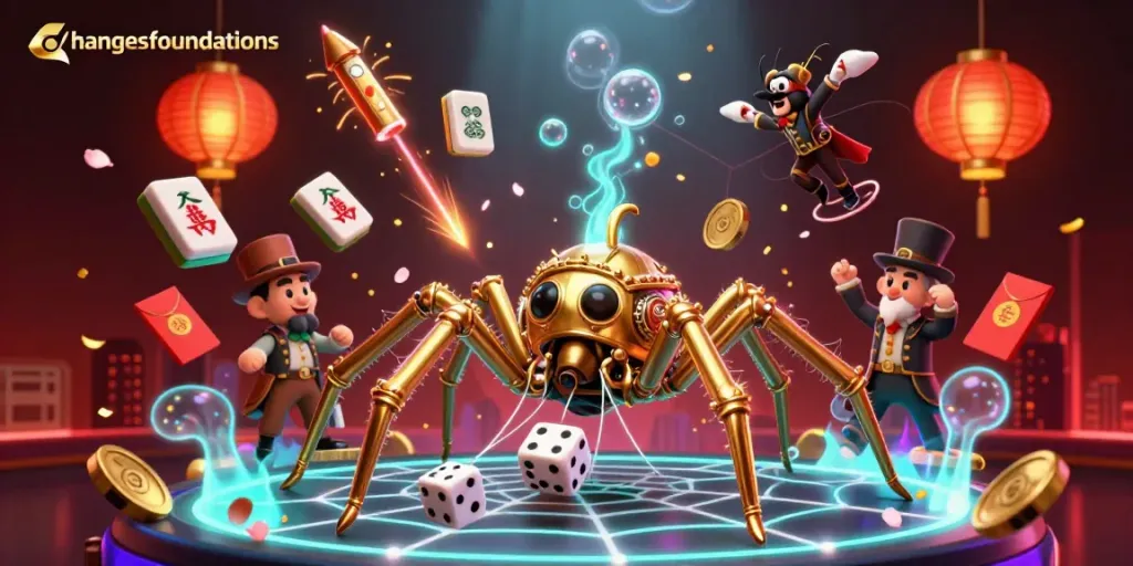 Engage with changesfoundations in a lively 3D casino scene featuring animated characters and vibrant gaming elements.