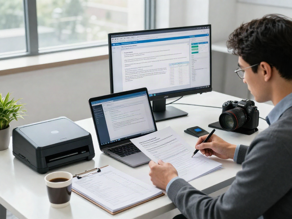 Analyst using a document fraud detection solution in a modern office.