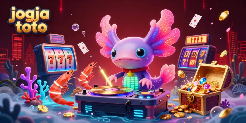 Engage with jogja toto at this vibrant casino scene featuring a neon-colored DJ and lively underwater elements.