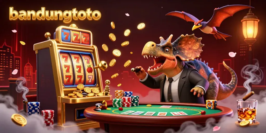 Experience the thrill at bandungtoto with a playful 3D scene featuring a dinosaur and slot machine!