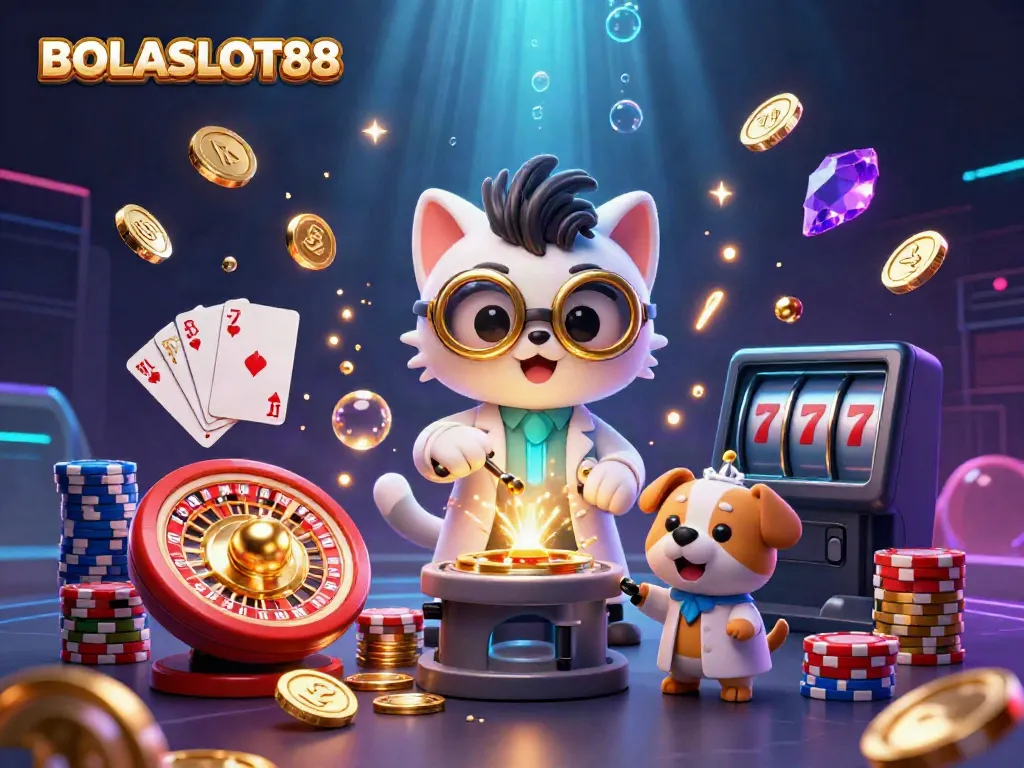 BOLASLOT88 features a vibrant 3D casino scene with a mad scientist cat and dog creating gold coins, filled with excitement.
