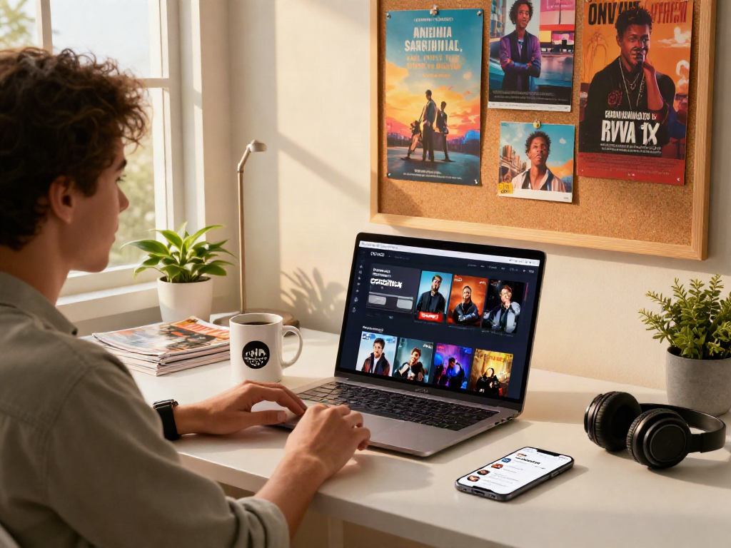 The cocoflix streaming interface on a laptop in a cozy home office, showcasing trending movies with warm lighting.