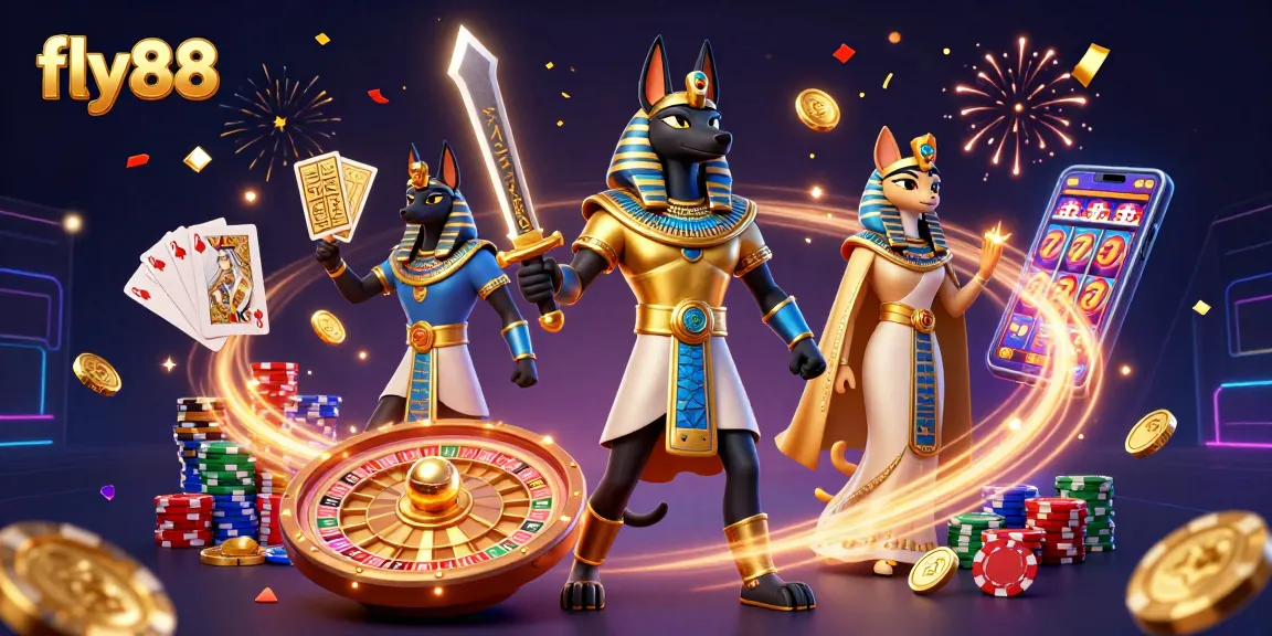 Experience thrilling wins with fly88 featuring a dynamic casino scene of ancient warriors and glowing symbols.